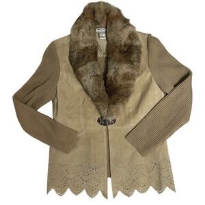 Peter Nygard Womens Sz PS Tan Suede Jacket Lapel Leather Removable Rabbit Fur